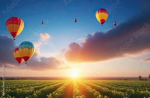 Balloons flying above the ground  sunset  sunshine  traveling.