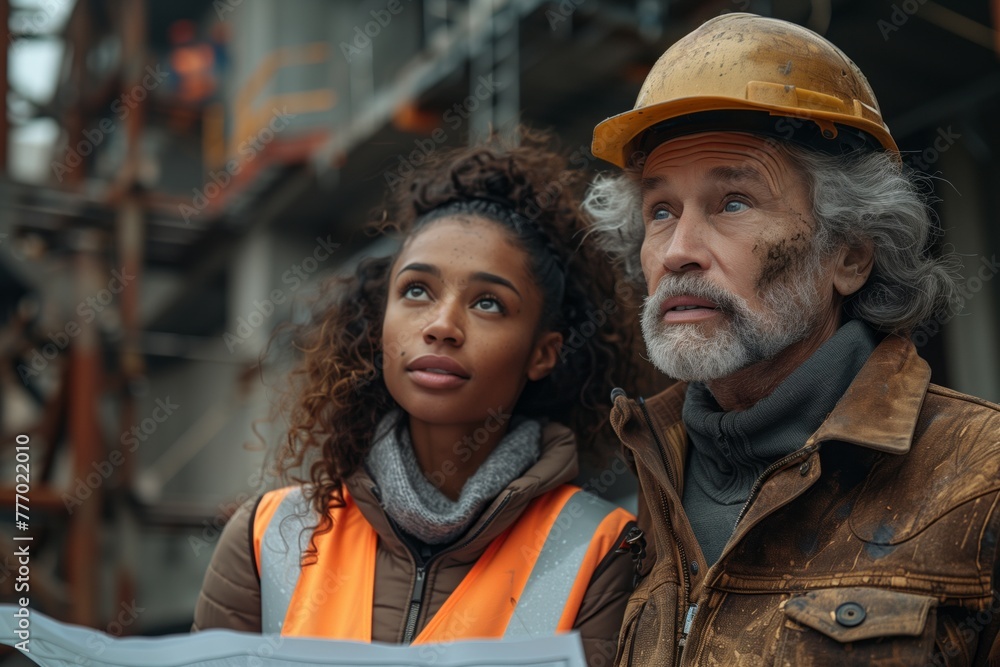 A man and a woman in military uniforms are studying a blueprint on a construction site, the man with a beard and the woman wearing a helmet showing focused expressions