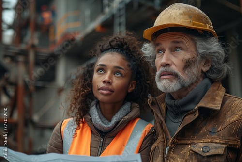 A man and a woman in military uniforms are studying a blueprint on a construction site, the man with a beard and the woman wearing a helmet showing focused expressions