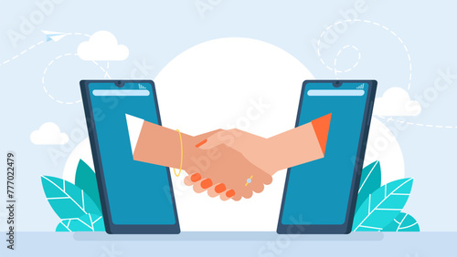 Outsource business and remote work. Handshake and mobile phones. Mobile female deal, commercial business agreement. Contract, businesswomen smartphone handshake, modern technology. Vector illustration