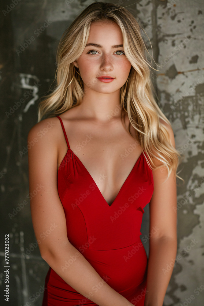 pretty woman with blonde hair in a tight red dress
