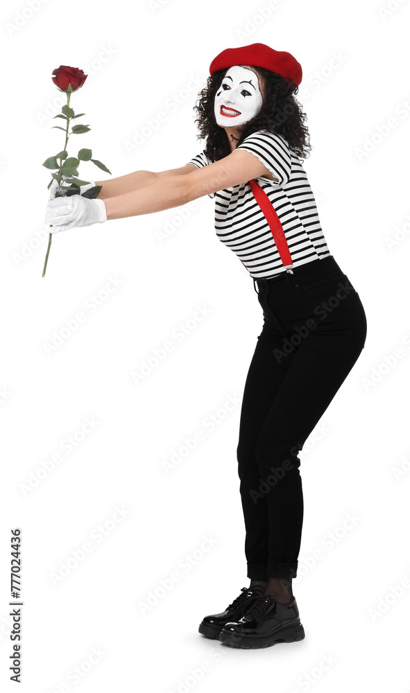 Funny mime with red rose posing on white background