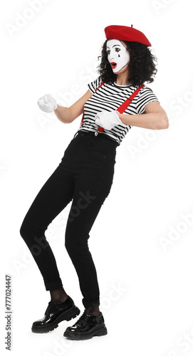 Funny mime with beret posing on white background