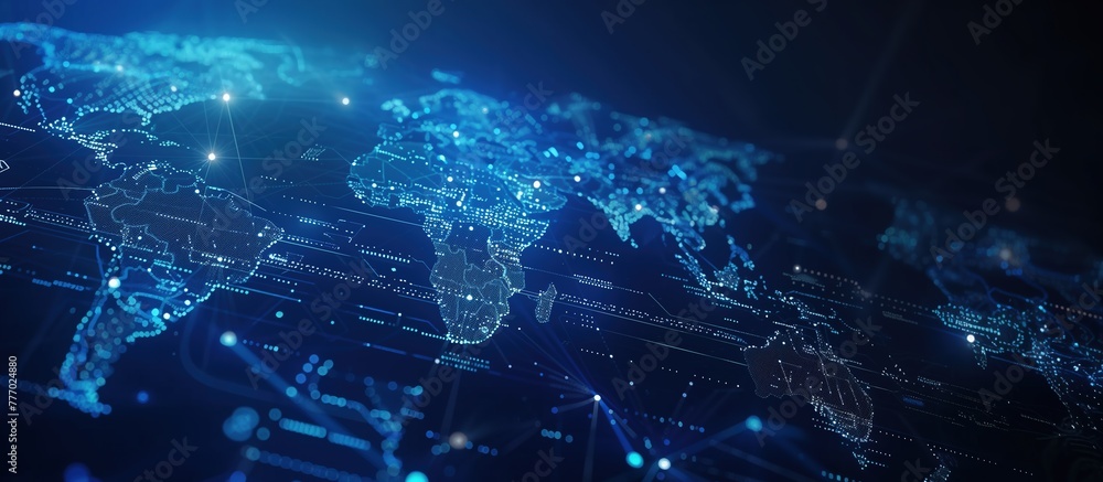 Fototapeta premium Widescreen Digital World Map: Illuminated Connections and Cyber Networks Visualizing the Pulse of Global Technology