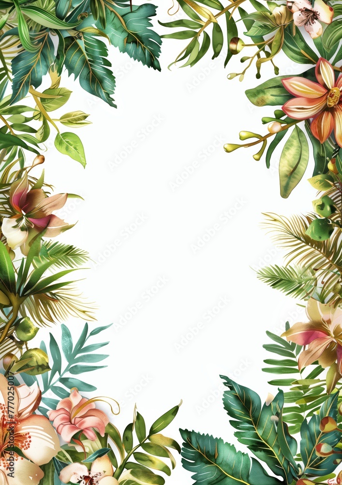 Vibrant Tropical Foliage and Flowers Border Vibrant Tropical Foliage and Flowers Border