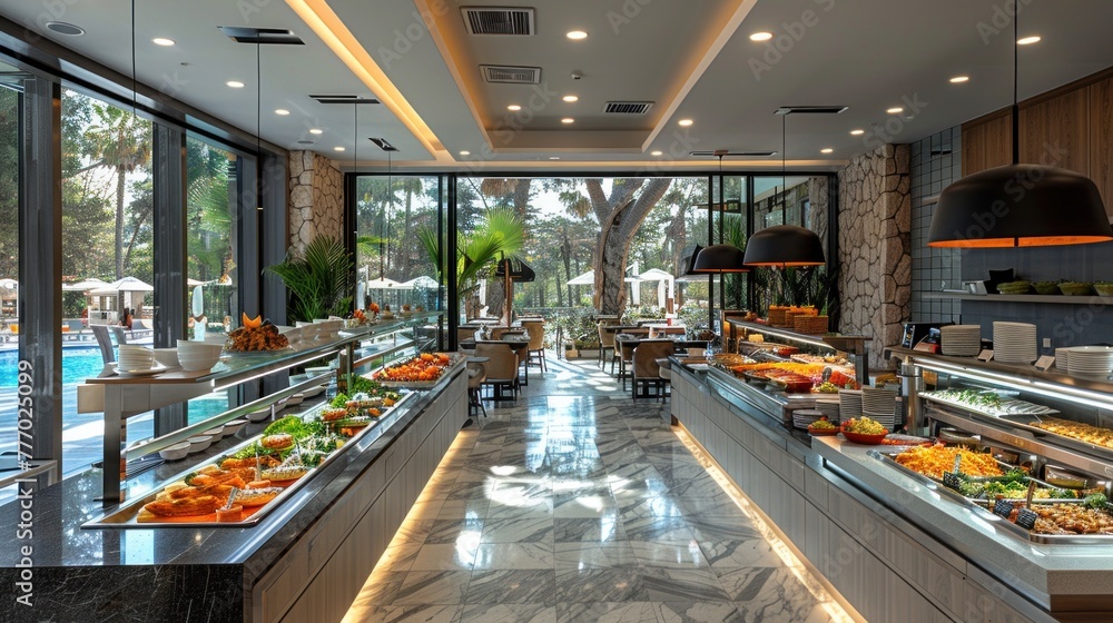Fototapeta premium Buffet Counter in a Tropical Self-Service Dining Room