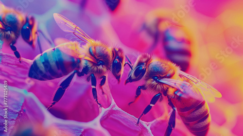 Close up view of the working bees on honey cells © ksu_ok
