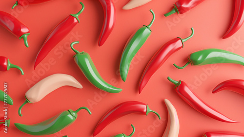An array of vibrant red and green chilies interspersed with pale ones, artfully arranged on a striking red background. photo