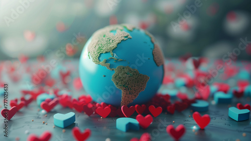 A poignant representation of worldwide love and unity  with a globe surrounded by red and blue heart shapes against a soft-focus background.