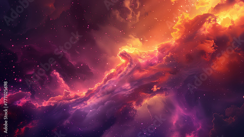 A dramatic cosmic scene featuring swirling clouds of vibrant pink and orange hues, resembling a celestial inferno in a star-speckled universe