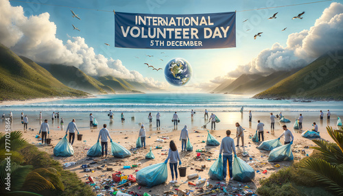 Stewards of the Shore: Beach cleanup initiative, where volunteers are collecting trash, emphasizing environmental stewardship, under a sky banner reading 'International Volunteer Day, 5th December'.