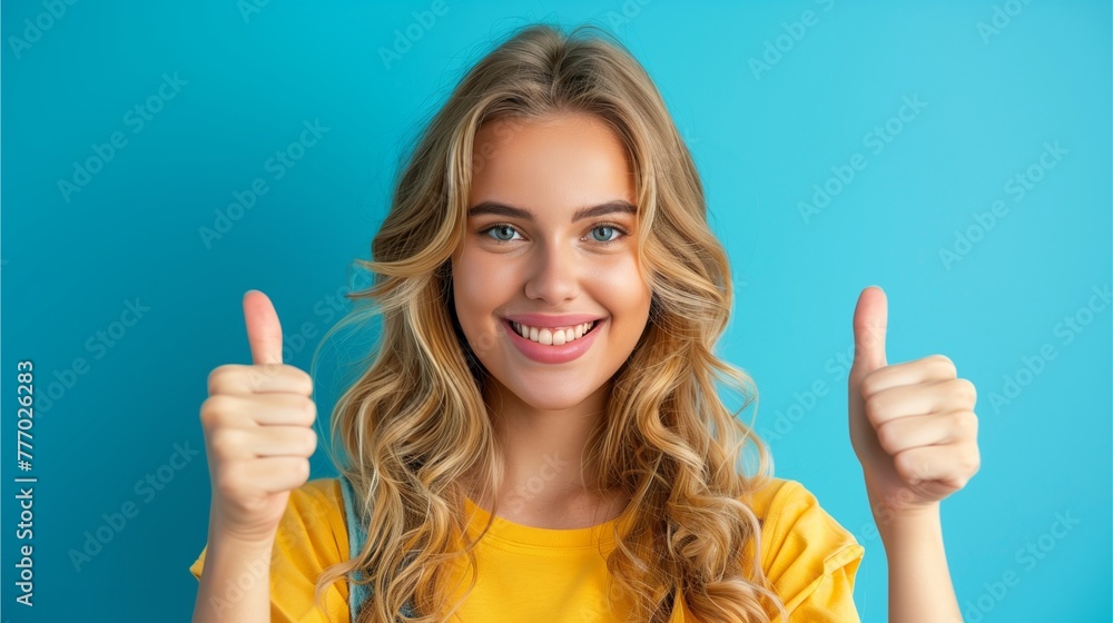 Photo of adorable confident lady dressed shirt showing two thumbs up isolated blue color background Photo of adorable confident lady dressed shirt showing two thumbs up isolated blue color background
