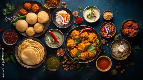 A street food scene with chaat, samosas, and pani puri in a colorful overhead shot photo