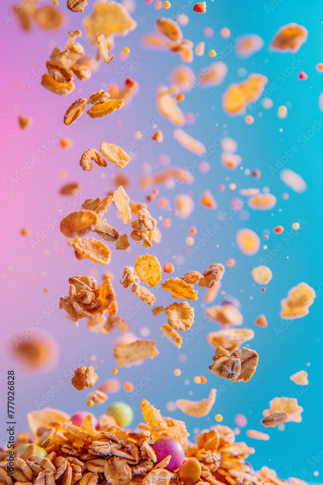 Fresh Granola flakes falling in the air on pink background. Food zero gravity conception.
