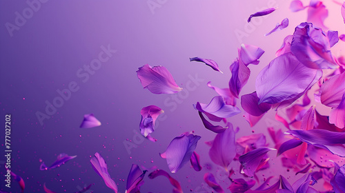 Tender romantic background with flying flower petals, Magical flowery violet background