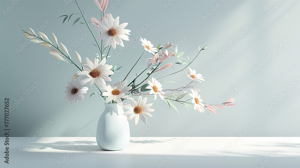Minimal bouquet, floating, 3D, soft shadows, clean background, gentle hues,