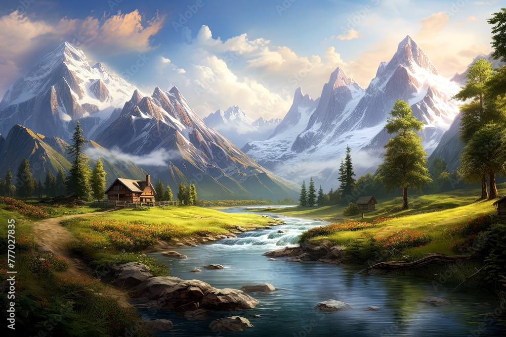 Beautiful mountain landscape with a small wooden house near the river. Generative Ai