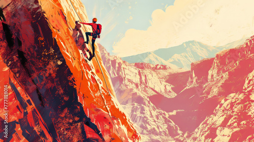 Two brave climbers ascend a dramatic red cliff against a backdrop of lofty mountain peaks and sky