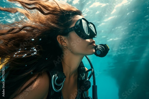 Beautiful Latina Woman Scuba Diving in Tropical Waters