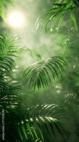 Sunlight Through Misty Palm Leaves in a Lush Green Jungle