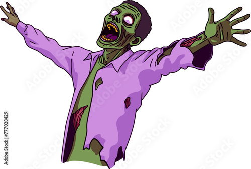 A colorful cartoon of a zombie with an outstretched hands dancing. Flat vector illustration.