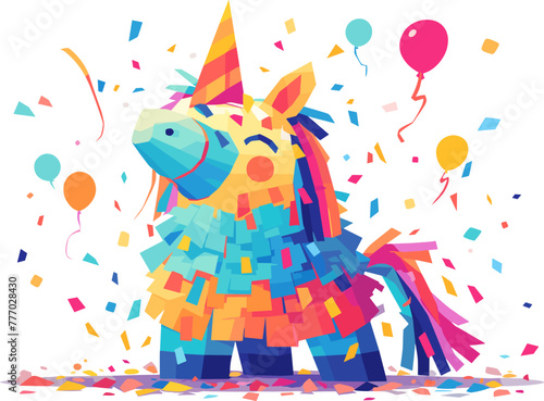 Bright and cheerful illustration of a pinata, exploding with confetti and balloons, perfect for a festive celebration. Flat vector illustration.