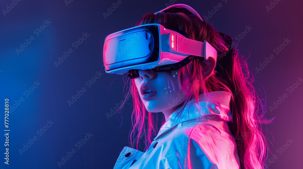 Portrait of young cyber girl with wears science fiction metal virtual reality glasses Cyberspace Augmented Reality, futuristic vision. Portrait of young cyber girl with wears science fiction metal virtual reality glasses Cyberspace Augmented Reality, futuristic vision.