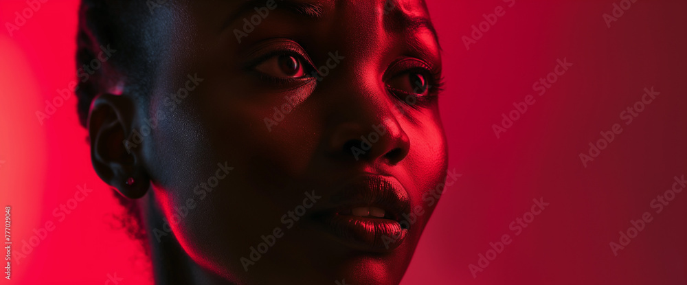 © Elena - Close up studio portrait of beautiful black woman with scared sad emotional expression and red background with dramatic light