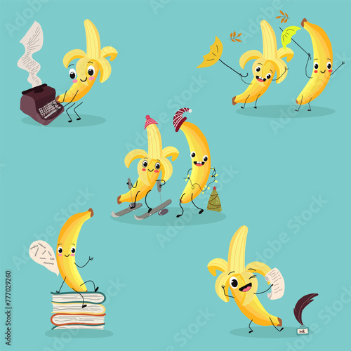 Cute bananas fruit characters set, collection. Flat vector illustration. Activities, playing musical instruments, sports, funny fruits.