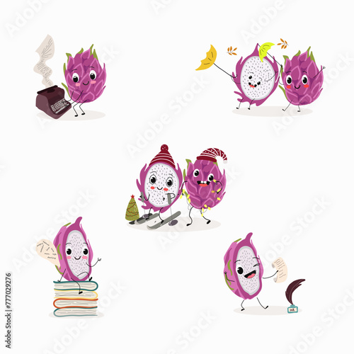 Cute characters pitaya, dragon fruit, pitahaya, funny fruit set, collection. Flat vector illustration. Characters for children's library, poet, writer, typewriter, new year ski, Christmas tree.