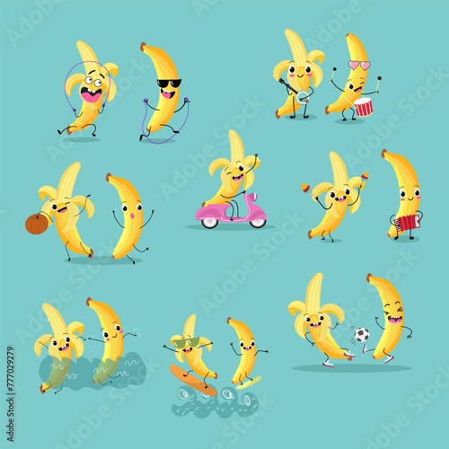 Cute bananas fruit characters set, collection. Flat vector illustration. Activities, playing musical instruments, sports, funny fruits.