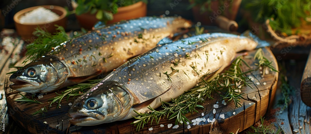 Freshly Caught Fish with Herbs on a Cutting Board Generative AI Freshly Caught Fish with Herbs on a Cutting Board Generative AI