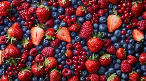 An array of berries and strawberries come together in a harmonious pattern, their vibrant colors and varied shapes creating a visually delightful arrangement.