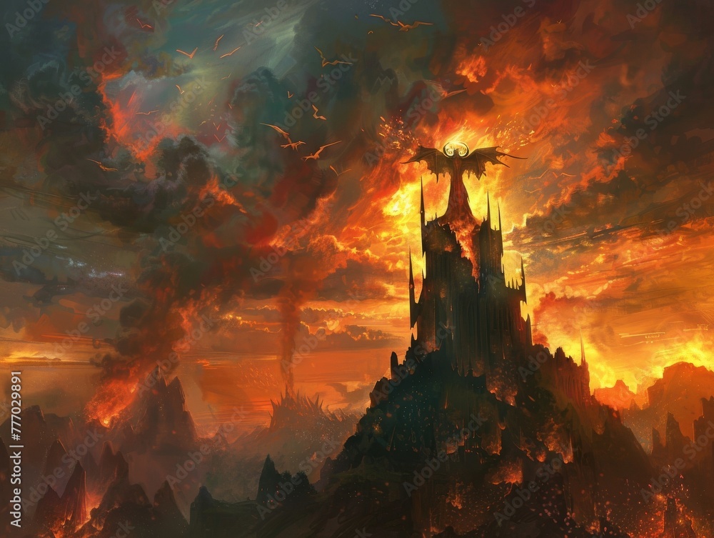A maleficent sorcerer, his body wreathed in dark flames, stands atop a tower, casting a shadow over the land