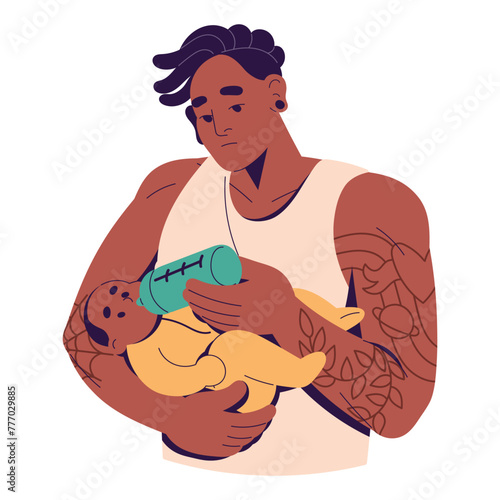 Single father feeds newborn with infant formula, milk by bottle. Modern young dad cares about baby, hold kid in hands. Family bonding, fatherhood. Flat isolated vector illustration on white background