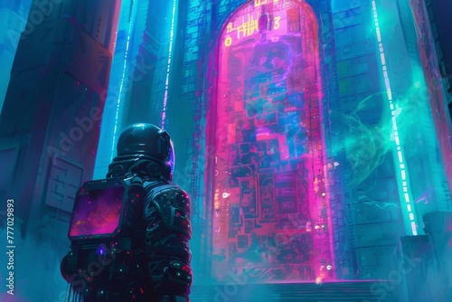 A detective in neon armor decrypts mystic lore within a cyberpunk temple, the past and future collide photo