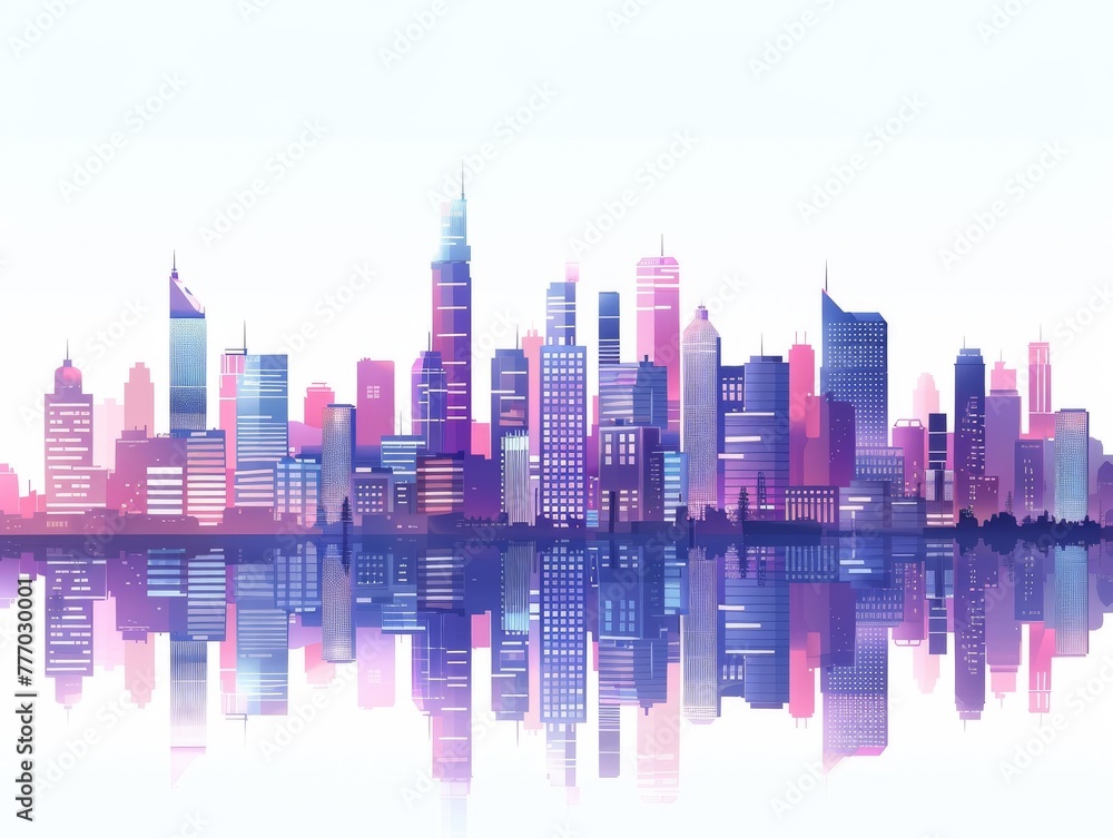 A vibrant cityscape at dusk, buildings cast in soft purples and blues reflecting a serene yet bustling urban life, white background, 2D flat design