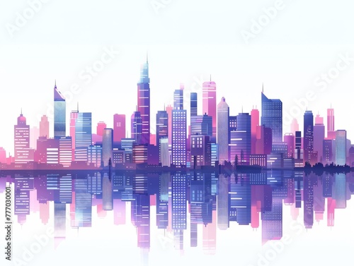A vibrant cityscape at dusk  buildings cast in soft purples and blues reflecting a serene yet bustling urban life  white background  2D flat design