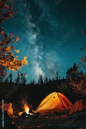 Adventure camping under the stars  wilderness meets comfort  tranquil night sky  inviting campfire