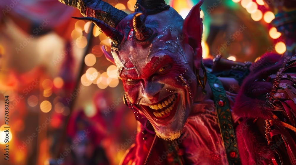 Charming antagonist in a vibrant, otherworldly carnival, evil never looked so inviting - obrazy, fototapety, plakaty 