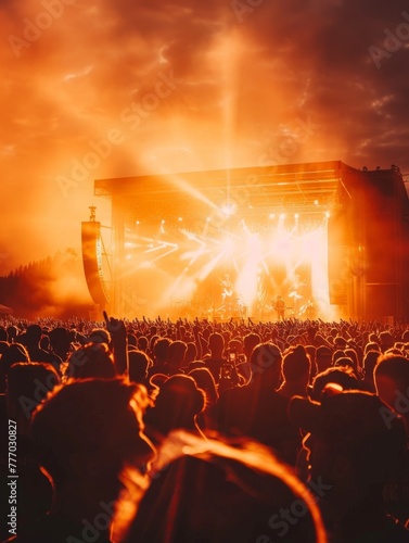 Music festival at sunset, energetic crowd, stage lights against twilight, unforgettable moments
