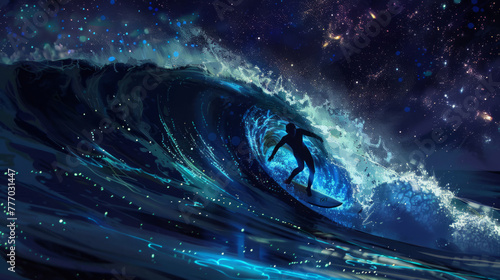 A surfer rides a majestic, bioluminescent wave under a starry sky, blending surfing with a cosmic theme © road to millionaire
