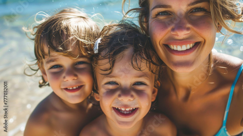 Happy mother and two children family at the beach on hot summer day