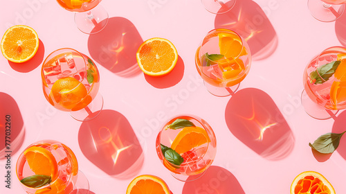 Alcoholic Aperol Spritz cocktails with basil and ice, pattern on pink background. Minimalistic glamour backdrop. Party vibes, fresh drink, summer banner.