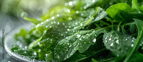 Freshly Harvested Spinach Leaves with Drops of Water Generative AI