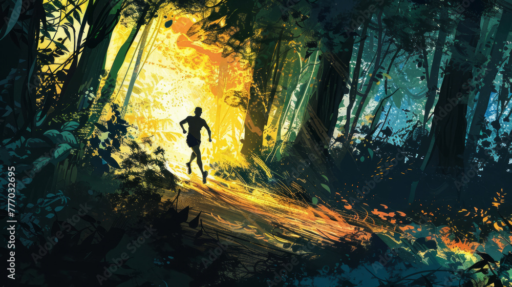 Against a backdrop of dramatic light and shadow, a runner moves through a thick, fairytale forest enveloped in mystery Against a backdrop of dramatic light and shadow, a runner moves through a thick, fairytale forest enveloped in mystery