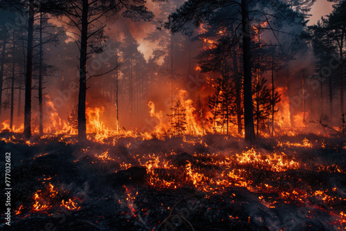 Burning trees in the flames of a wildfire