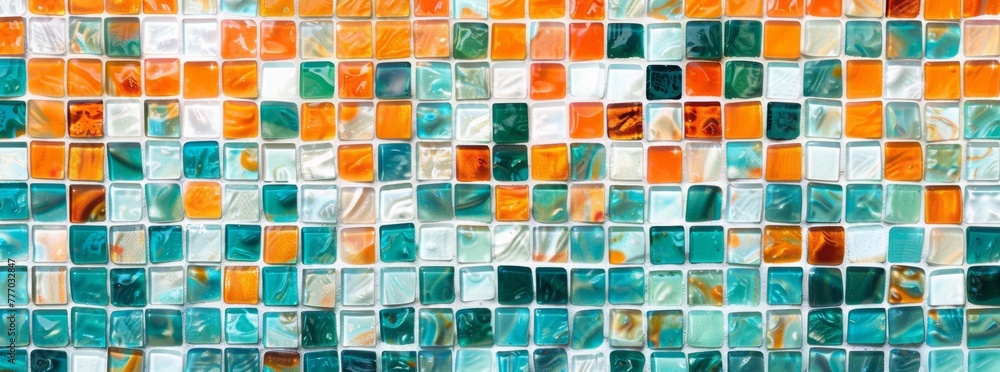 Fototapeta premium Colorful glass mosaic tile background with white, orange and teal colored blocks