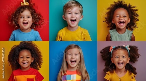 Vibrant Collage of Expressive and Joyful Portraits of Diverse Children in Studio Setting