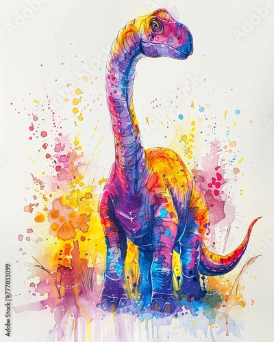 Watercolor of a Diplodocus, cutely depicted in bright pastel colors, vivid on a soft background, increasing its endearing quality